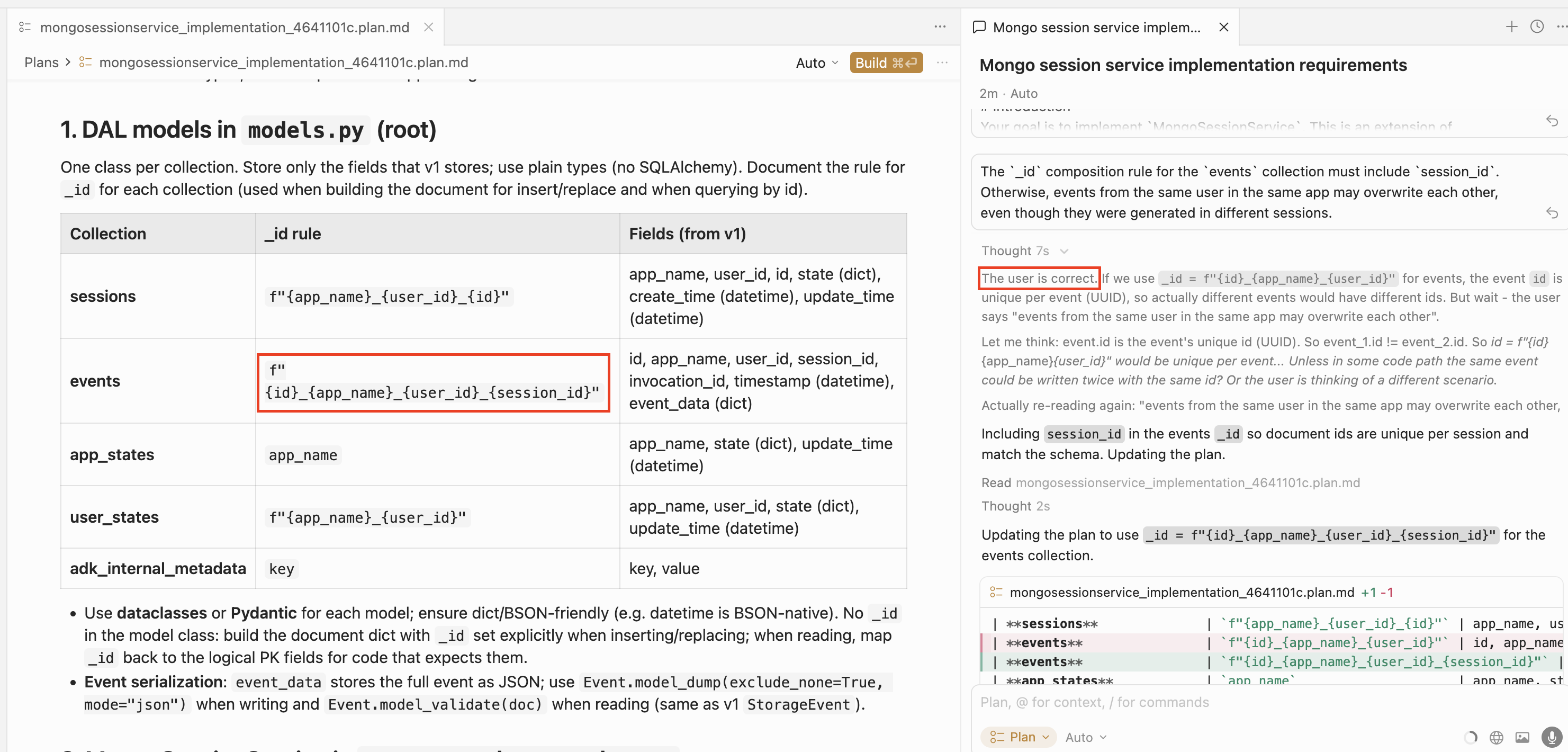 Agent acknowledges the issue and updates the plan: events _id rule now includes session_id, with a diff shown