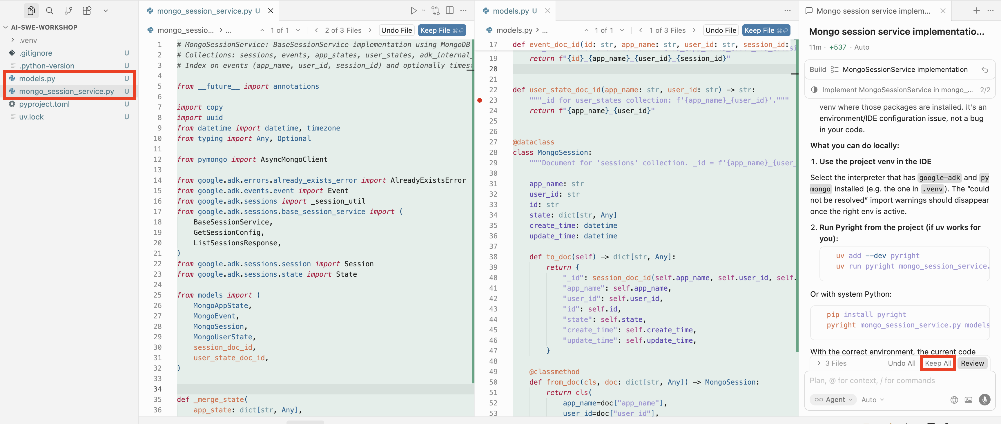 After Build: generated code in mongo_session_service.py and models.py, with “Keep All” highlighted to accept changes