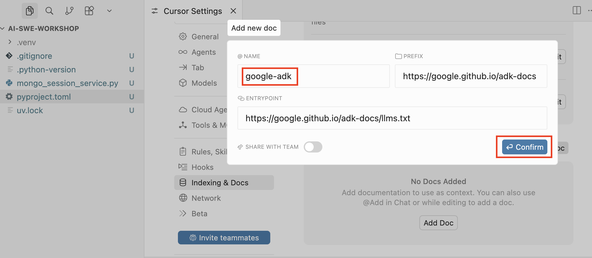 Add new doc dialog in Cursor: set name google-adk, prefix URL, entrypoint llms.txt, then click Confirm