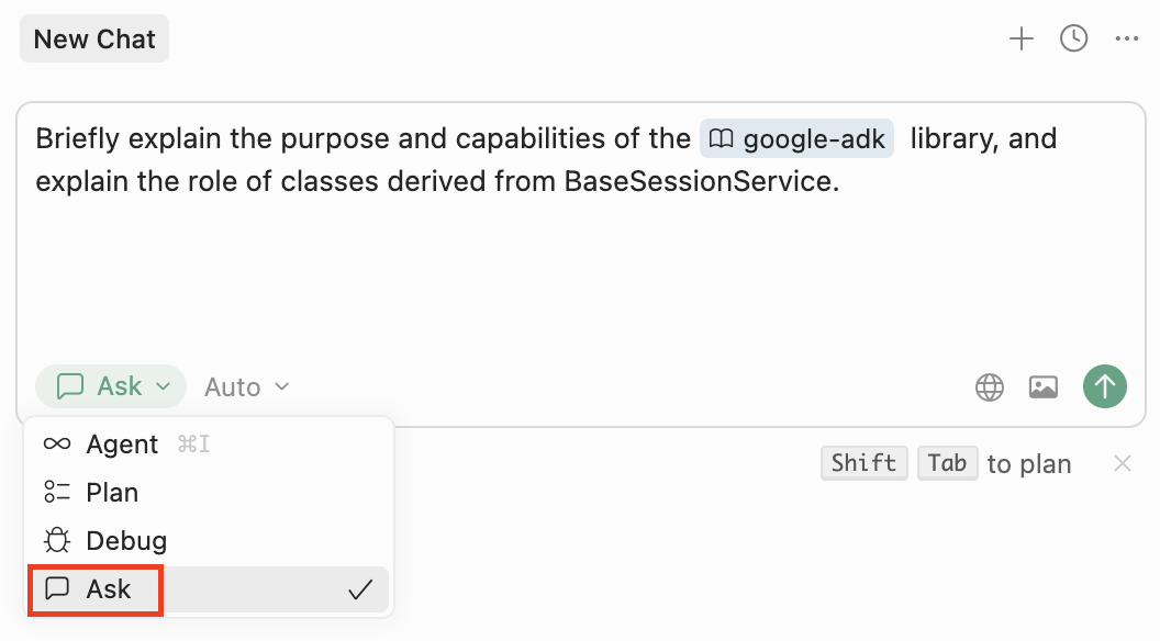 Cursor chat mode selector: Ask mode selected for technical Q&A