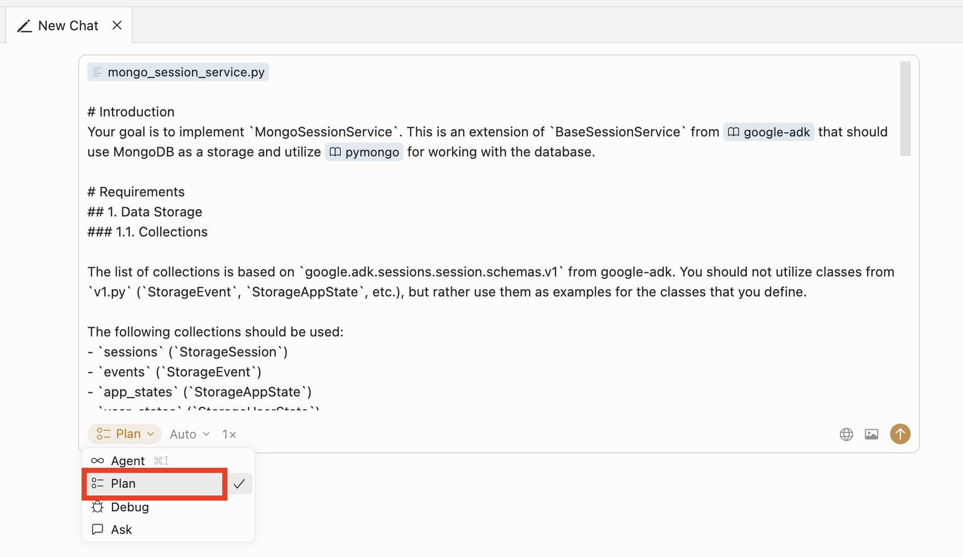 Cursor chat mode selector: Plan mode selected before pasting the technical spec to generate an implementation plan